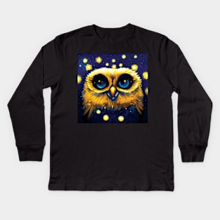 Fluffy Baby Owl in the Night Sky Kids Long Sleeve T-Shirt